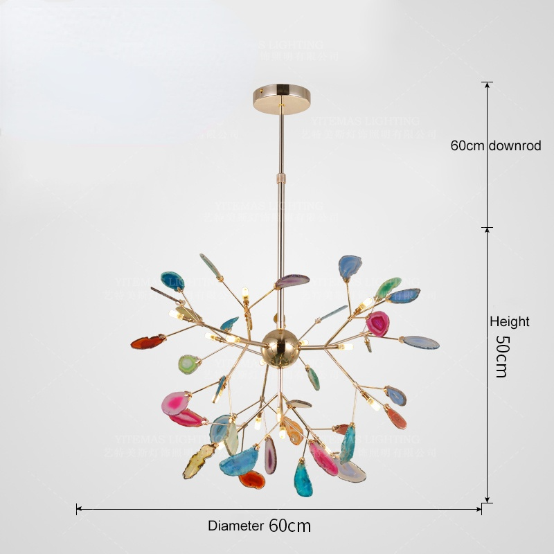 Agate Stone Branch Chandelier with Leaf Design, Bohemian Modern Pendant Light