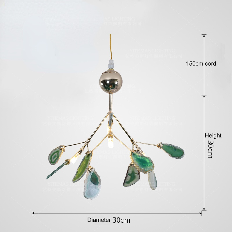 Agate Stone Branch Chandelier with Leaf Design, Bohemian Modern Pendant Light