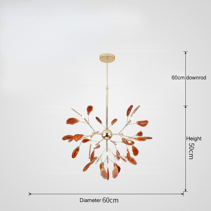 Agate Stone Branch Chandelier with Leaf Design, Bohemian Modern Pendant Light