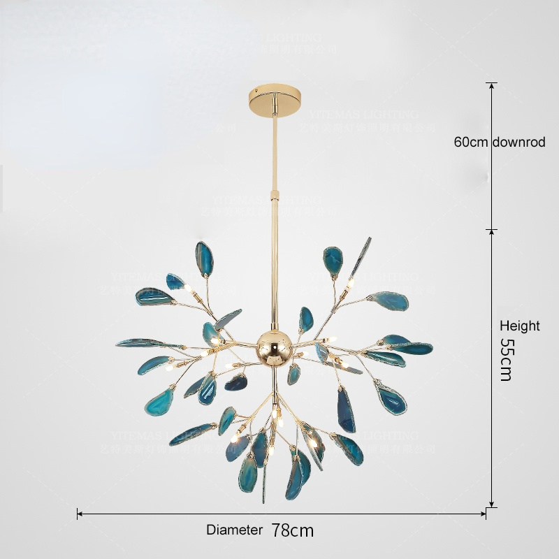 Agate Stone Branch Chandelier with Leaf Design, Bohemian Modern Pendant Light