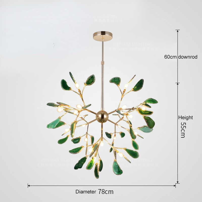 Agate Stone Branch Chandelier with Leaf Design, Bohemian Modern Pendant Light