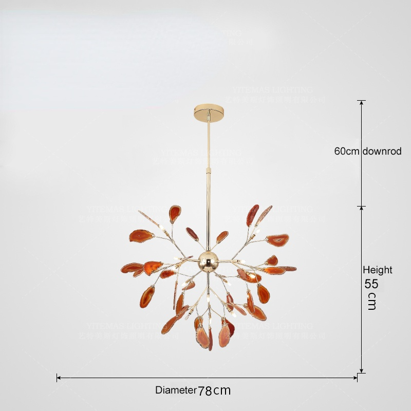 Agate Stone Branch Chandelier with Leaf Design, Bohemian Modern Pendant Light