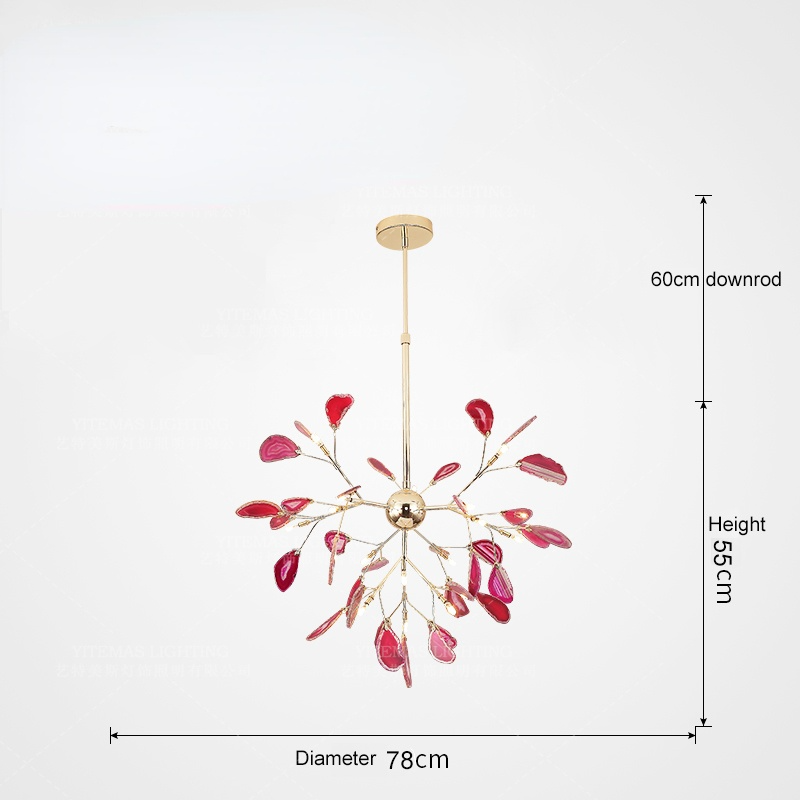 Agate Stone Branch Chandelier with Leaf Design, Bohemian Modern Pendant Light