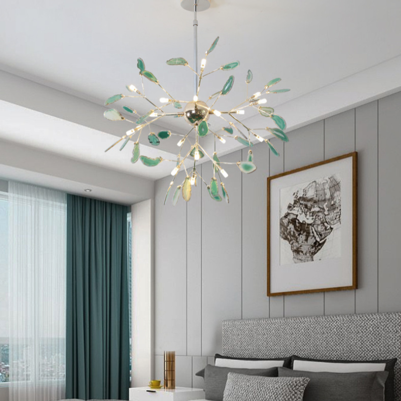 Agate Stone Branch Chandelier with Leaf Design, Bohemian Modern Pendant Light