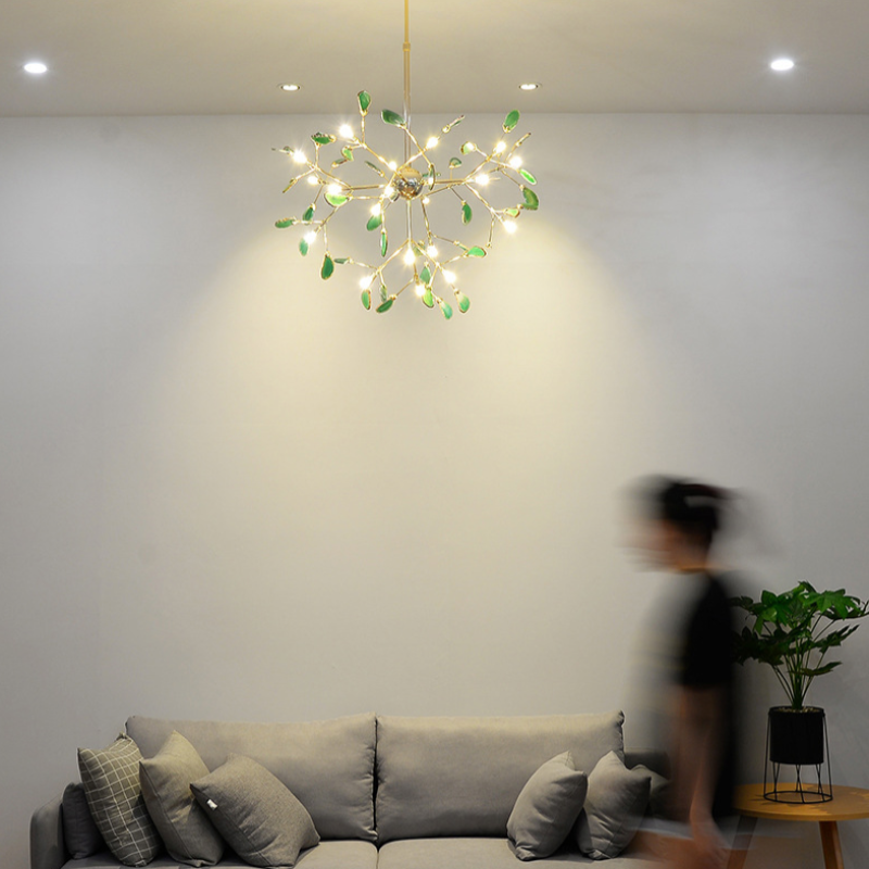 Agate Stone Branch Chandelier with Leaf Design, Bohemian Modern Pendant Light