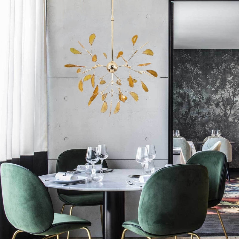 Agate Stone Branch Chandelier with Leaf Design, Bohemian Modern Pendant Light