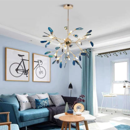 Agate Stone Branch Chandelier with Leaf Design, Bohemian Modern Pendant Light