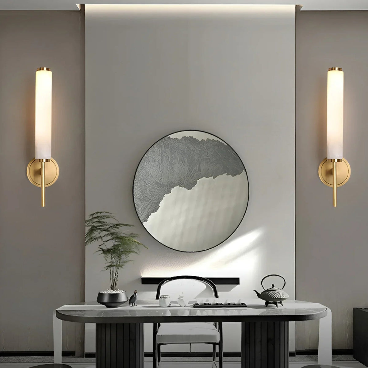 Alabaster Candle Style Wall Lamp with Brass Finish