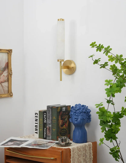 Alabaster Candle Style Wall Lamp with Brass Finish