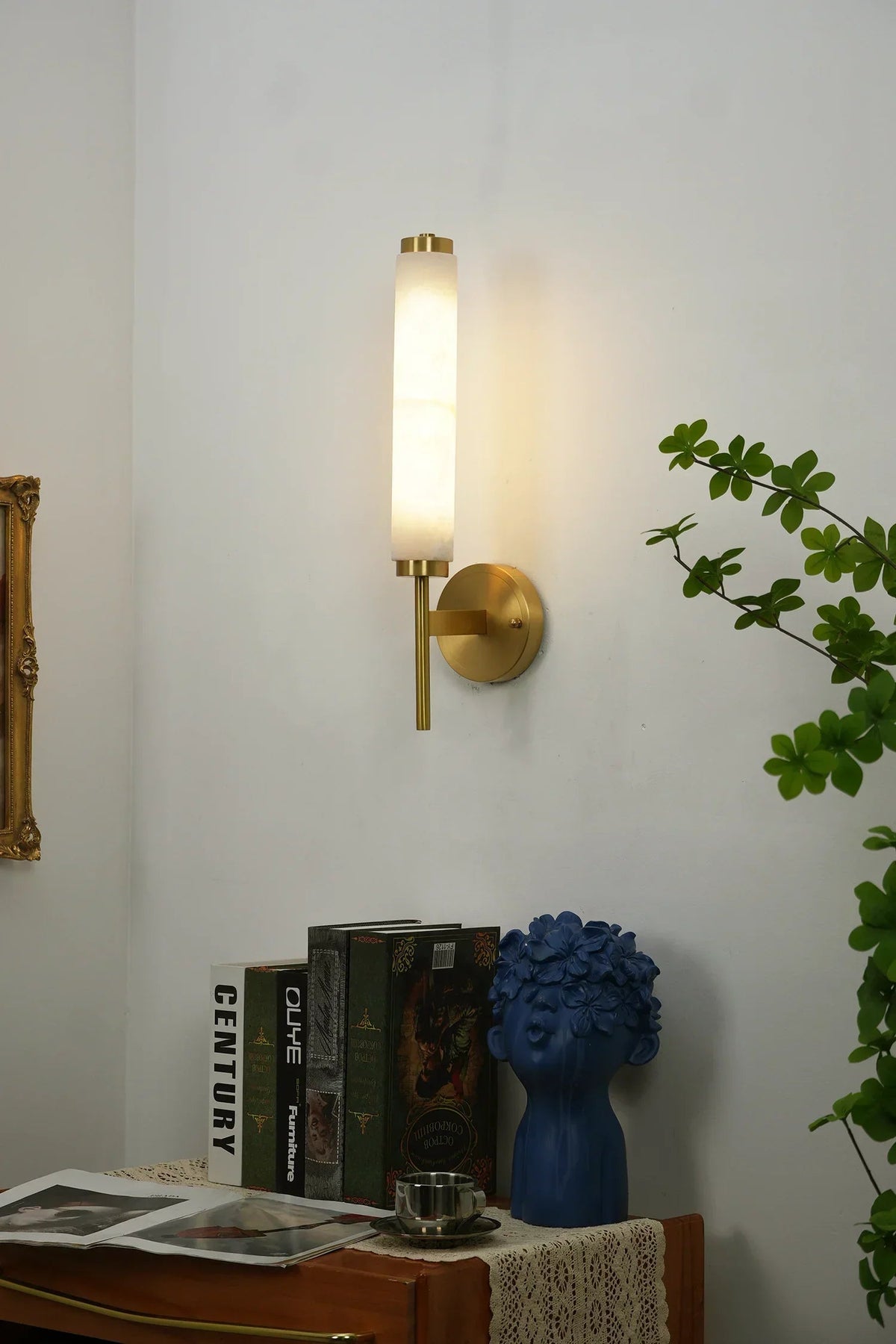 Alabaster Candle Style Wall Lamp with Brass Finish