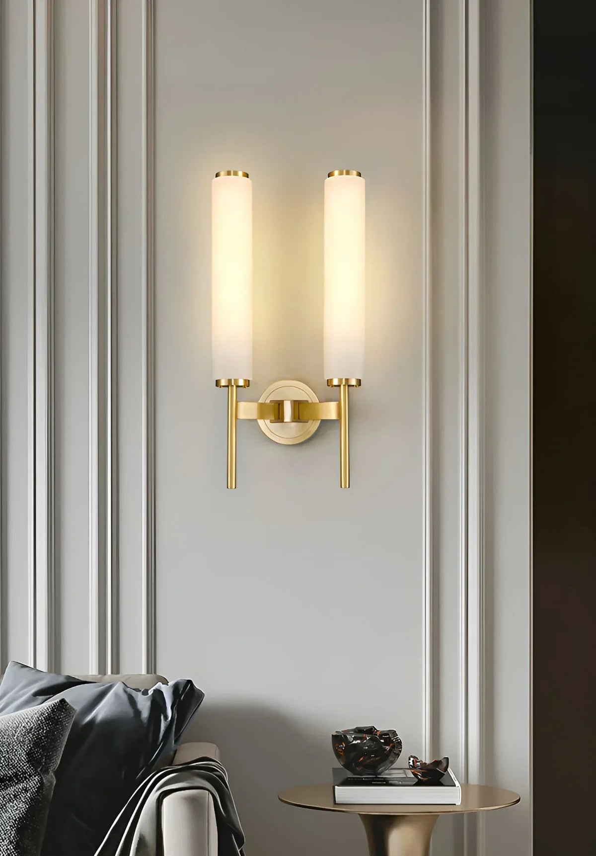 Alabaster Candle Style Wall Lamp with Brass Finish