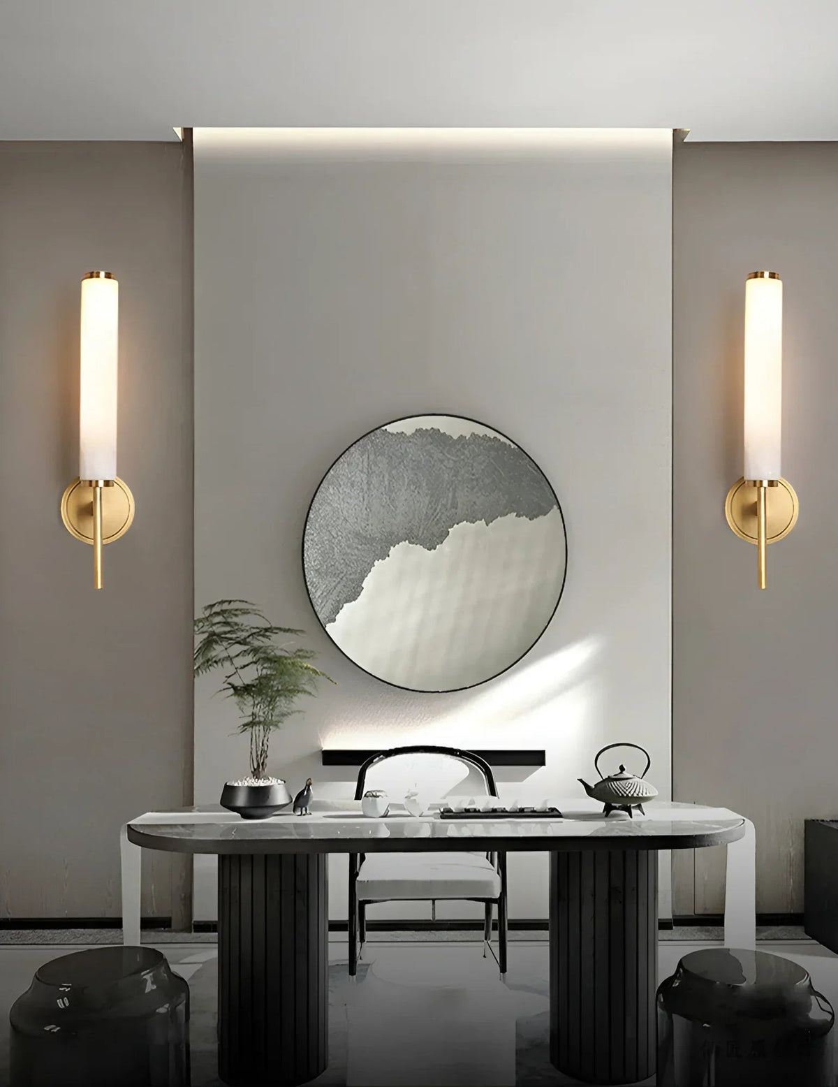 Alabaster Candle Style Wall Lamp with Brass Finish