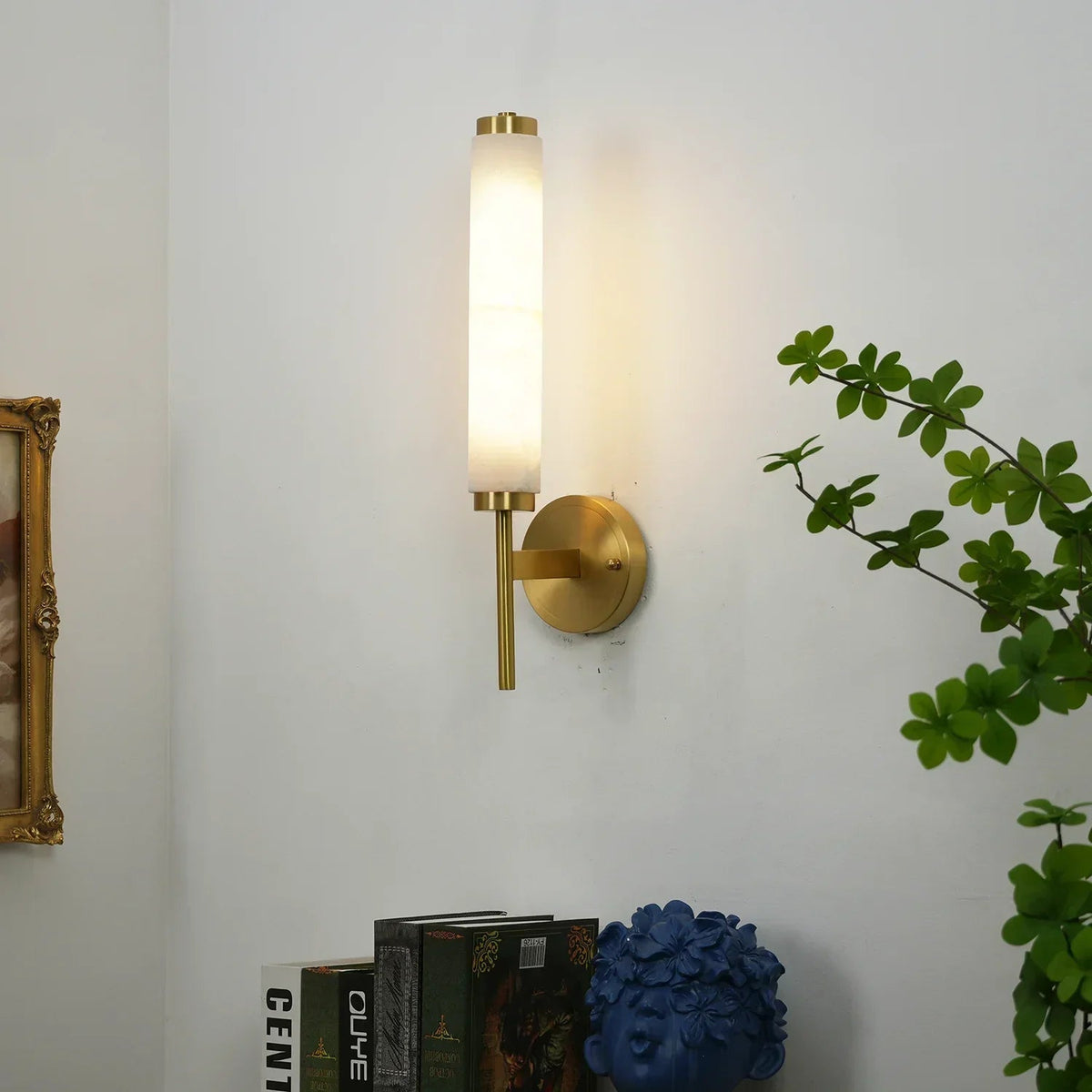 Alabaster Candle Style Wall Lamp with Brass Finish