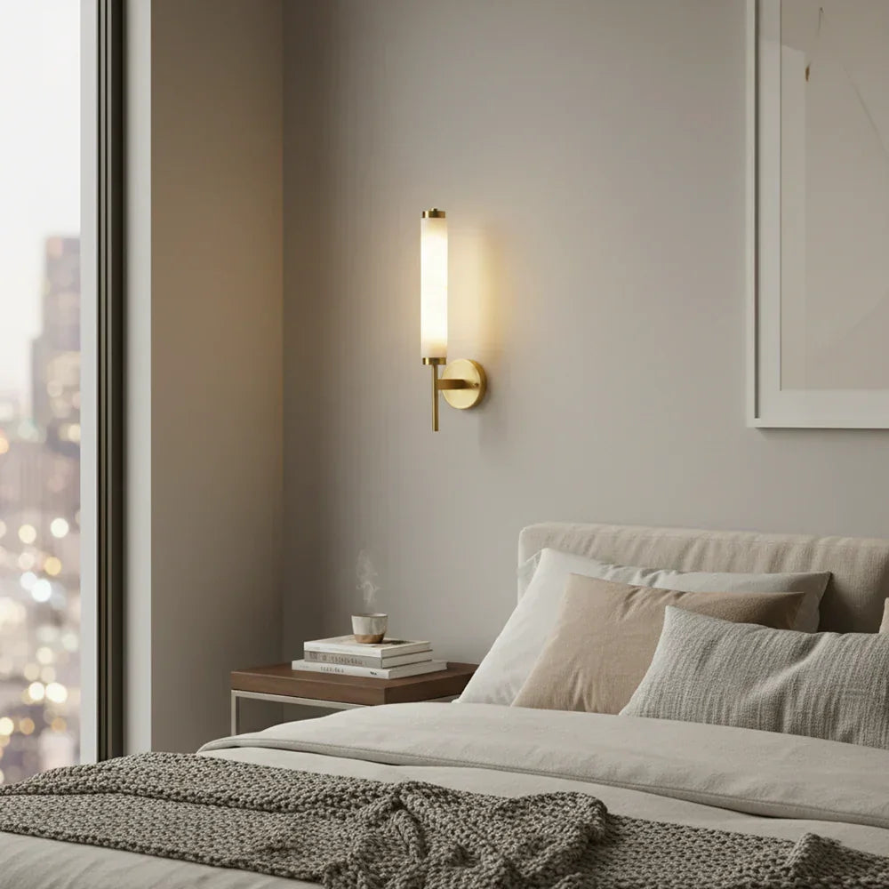Alabaster Candle Style Wall Lamp with Brass Finish
