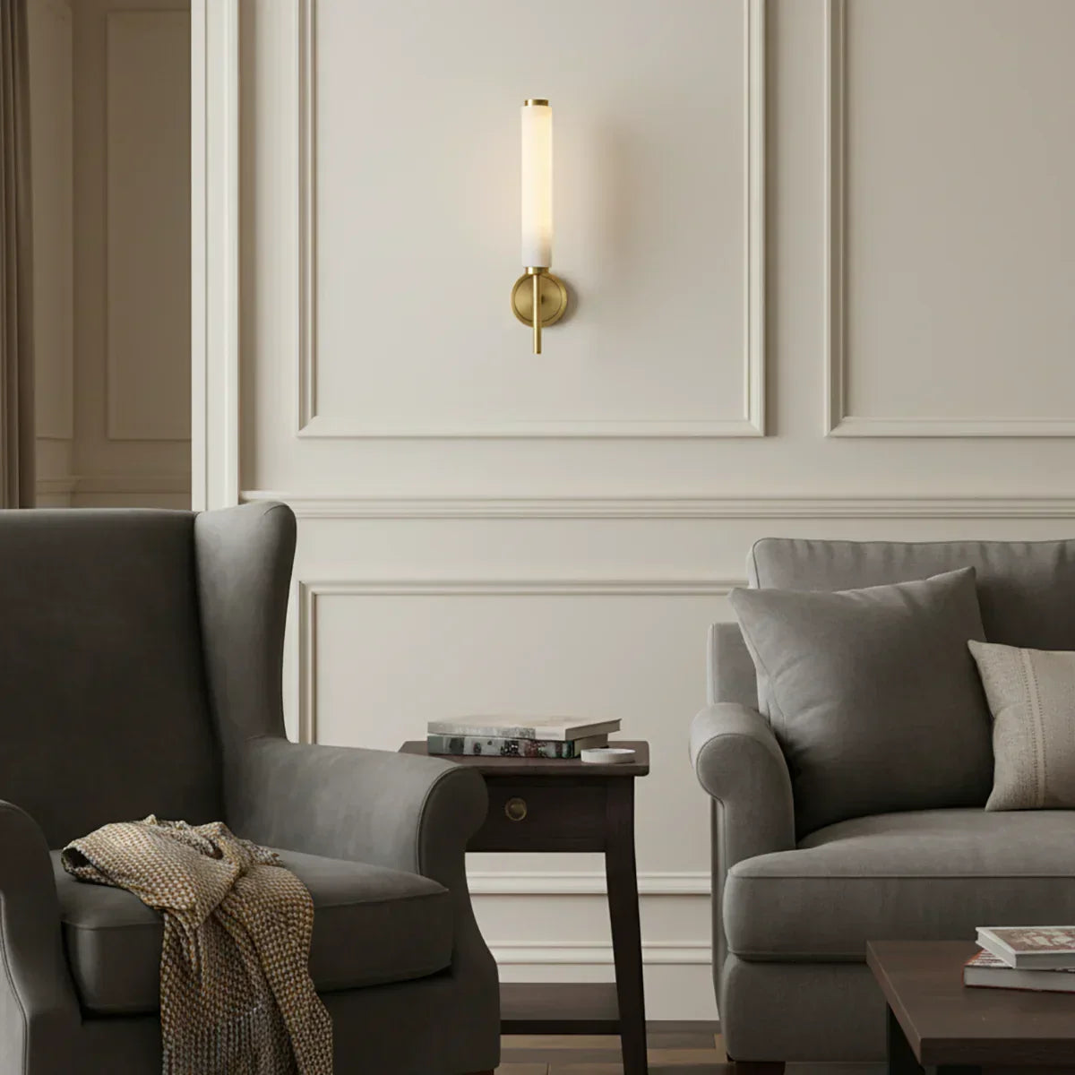 Alabaster Candle Style Wall Lamp with Brass Finish