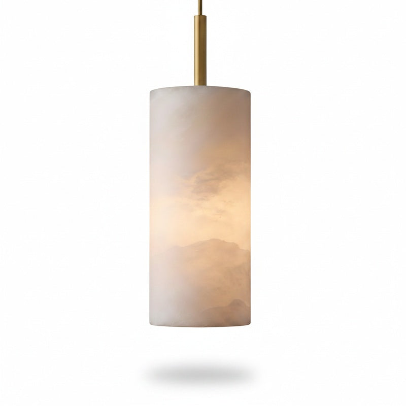 Alabaster Cylinder Pendant Lamp Modern with Brass Rod and Stone Veining