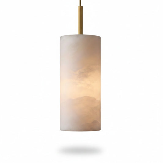 Alabaster Cylinder Pendant Lamp Modern with Brass Rod and Stone Veining