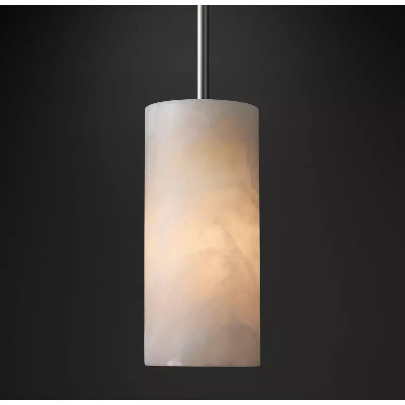 Alabaster Cylinder Pendant Lamp Modern with Brass Rod and Stone Veining