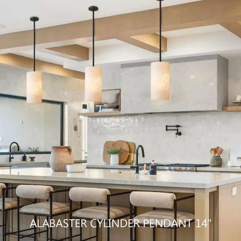 Alabaster Cylinder Pendant Lamp Modern with Brass Rod and Stone Veining