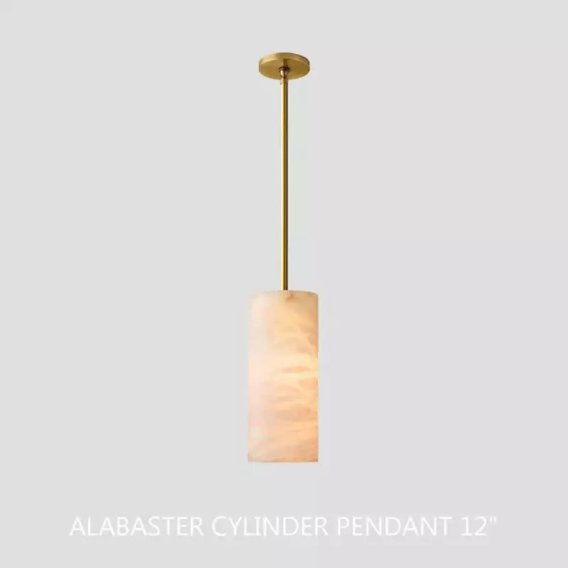 Alabaster Cylinder Pendant Lamp Modern with Brass Rod and Stone Veining