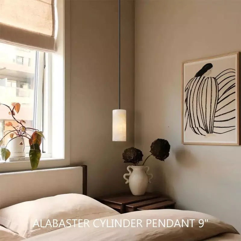 Alabaster Cylinder Pendant Lamp Modern with Brass Rod and Stone Veining