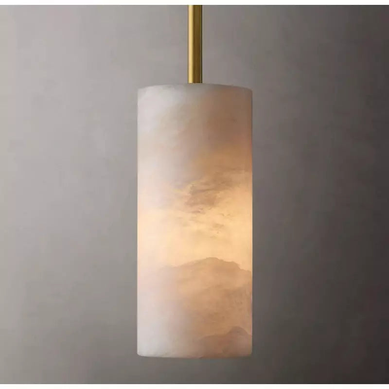 Alabaster Cylinder Pendant Lamp Modern with Brass Rod and Stone Veining