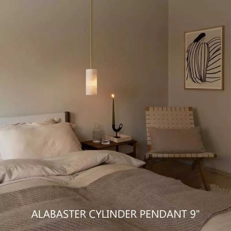 Alabaster Cylinder Pendant Lamp Modern with Brass Rod and Stone Veining