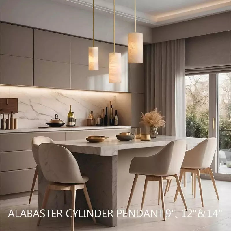 Alabaster Cylinder Pendant Lamp Modern with Brass Rod and Stone Veining