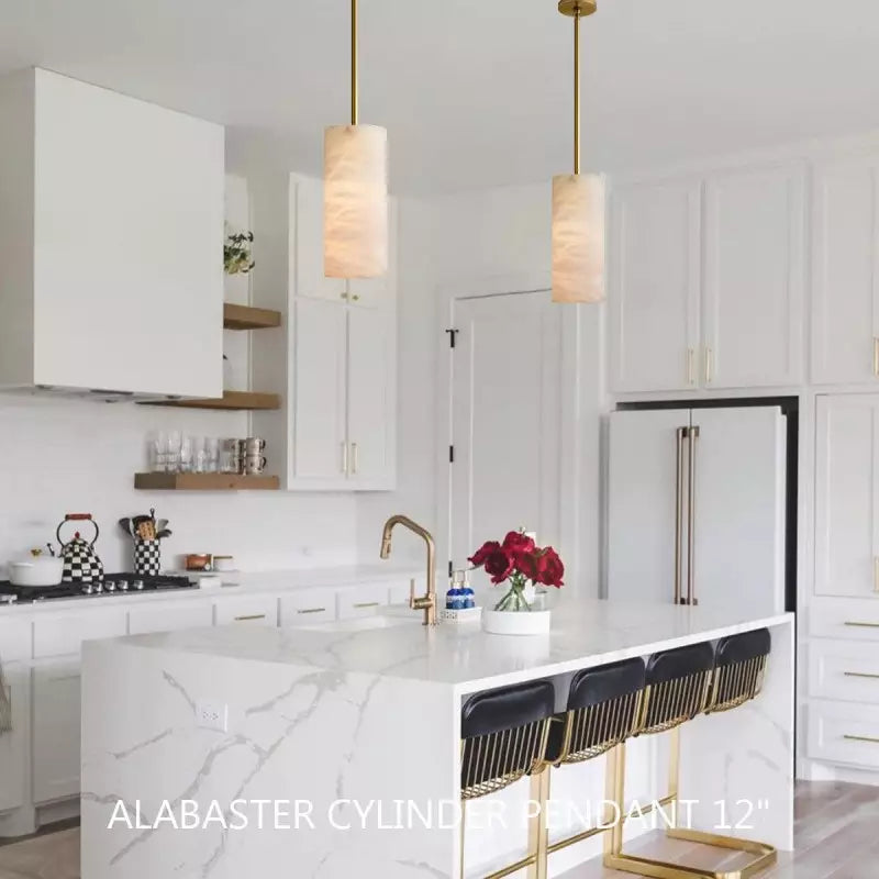 Alabaster Cylinder Pendant Lamp Modern with Brass Rod and Stone Veining
