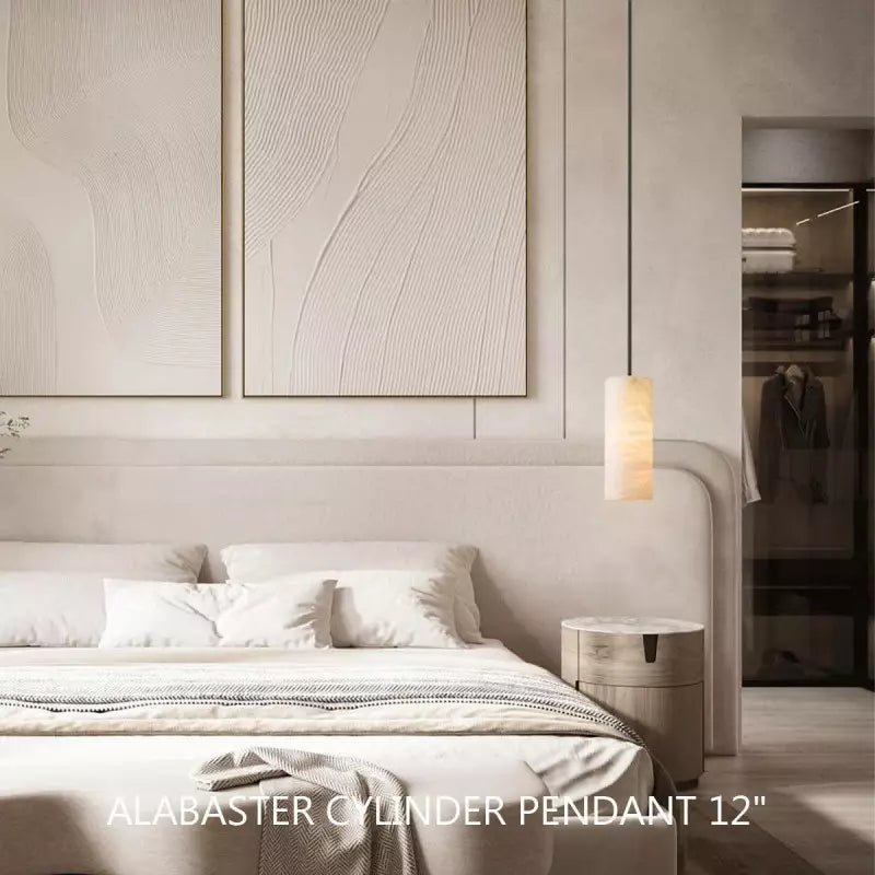 Alabaster Cylinder Pendant Lamp Modern with Brass Rod and Stone Veining