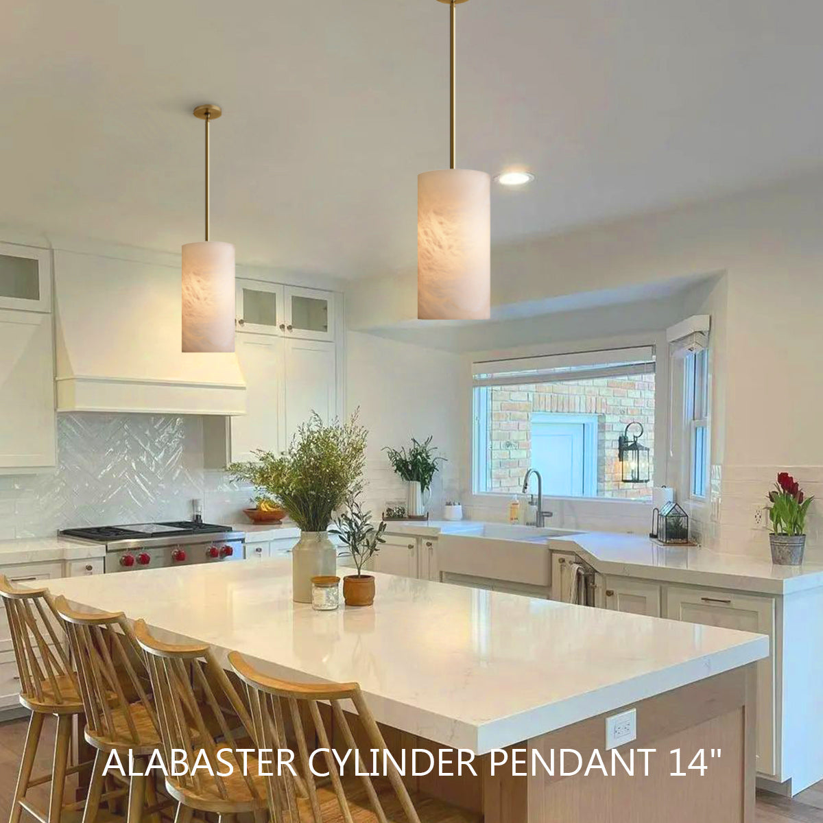 Alabaster Cylinder Pendant Lamp Modern with Natural Stone Shade and Adjustable Height