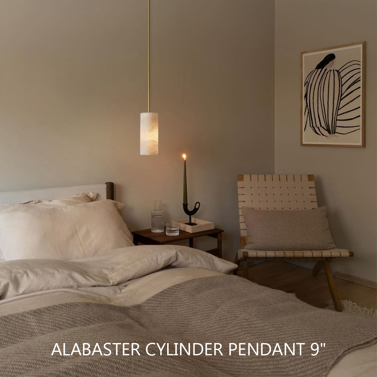 Alabaster Cylinder Pendant Lamp Modern with Natural Stone Shade and Adjustable Height