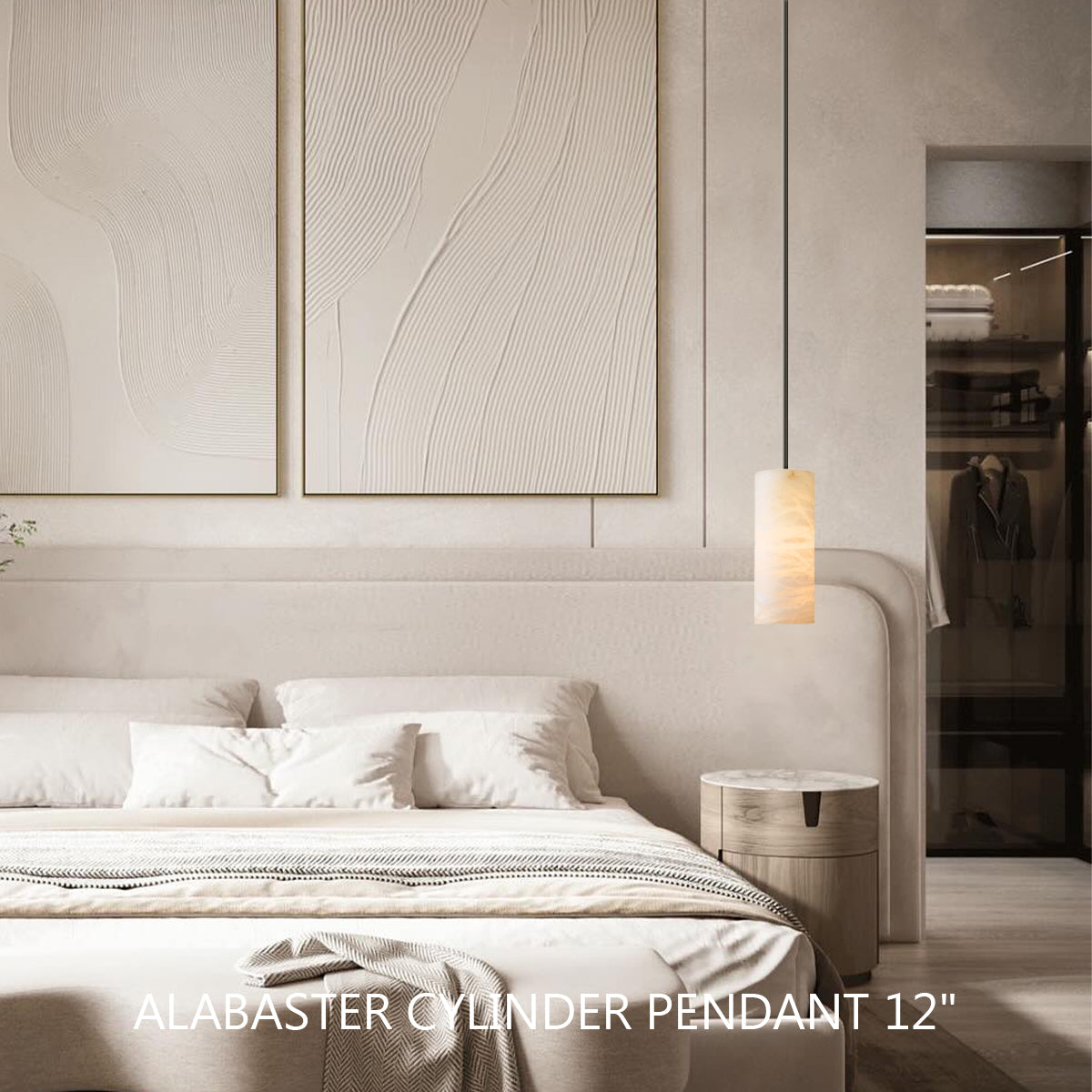 Alabaster Cylinder Pendant Lamp Modern with Natural Stone Shade and Adjustable Height