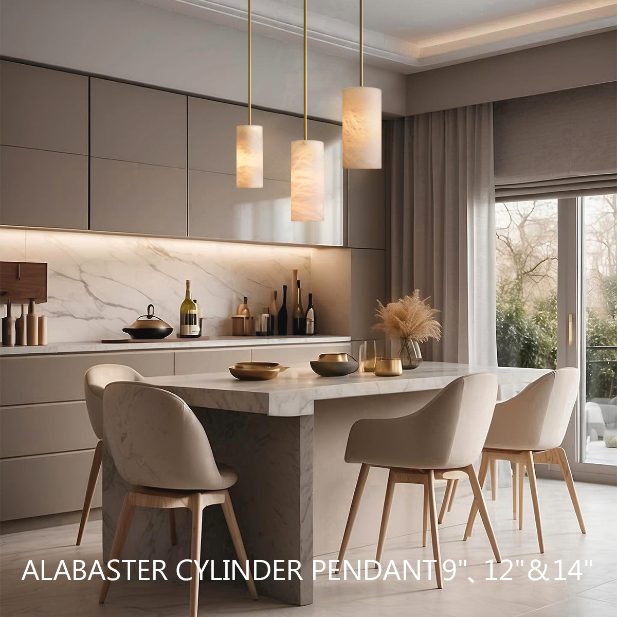 Alabaster Cylinder Pendant Lamp Modern with Natural Stone Shade and Adjustable Height