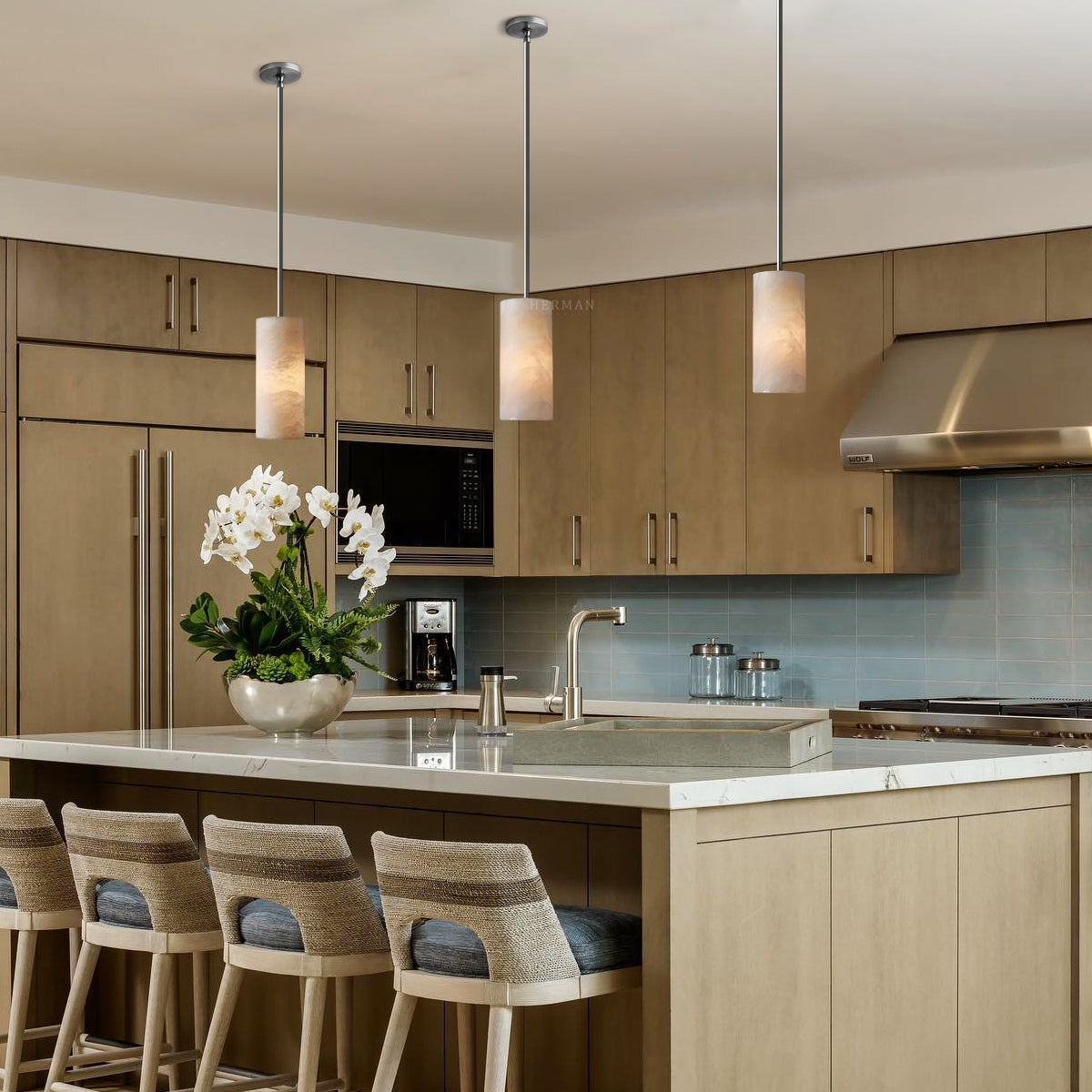 Alabaster Cylinder Pendant Lamp Modern with Natural Stone Shade and Adjustable Height