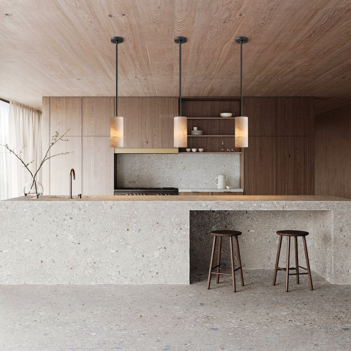 Alabaster Cylinder Pendant Lamp Modern with Natural Stone Shade and Adjustable Height