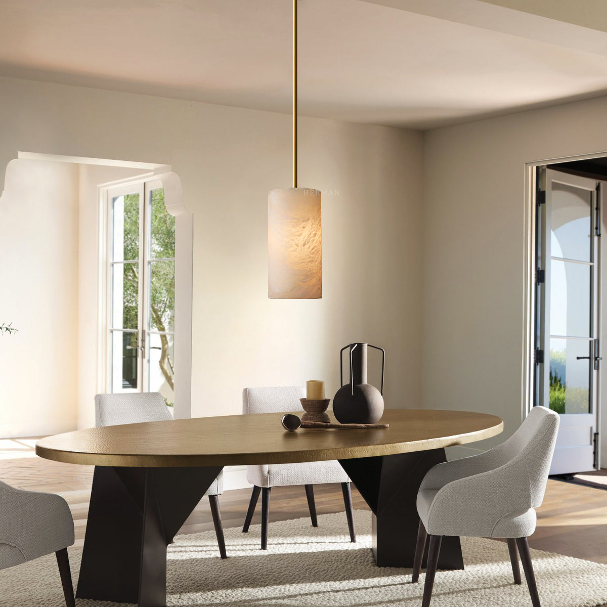 Alabaster Cylinder Pendant Lamp Modern with Natural Stone Shade and Adjustable Height