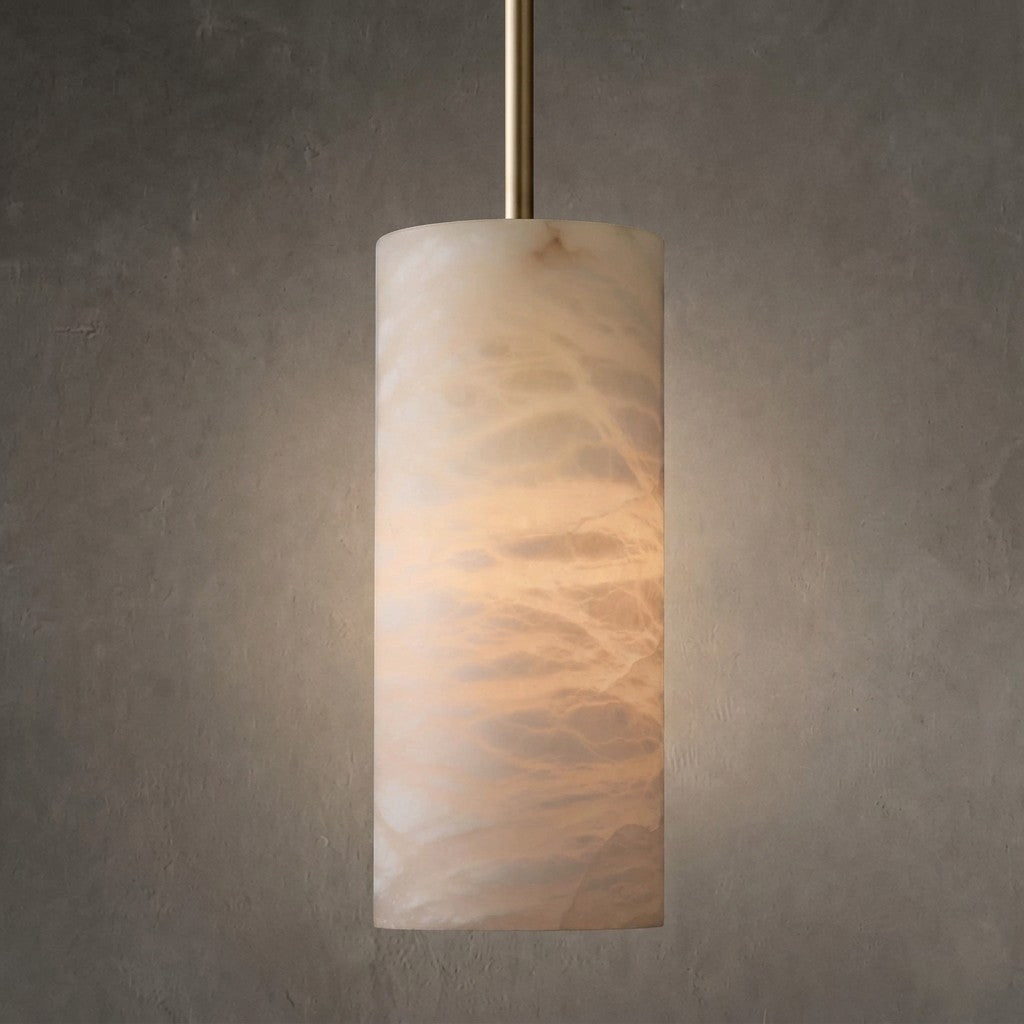 Alabaster Cylinder Pendant Lamp Modern with Natural Stone Shade and Adjustable Height