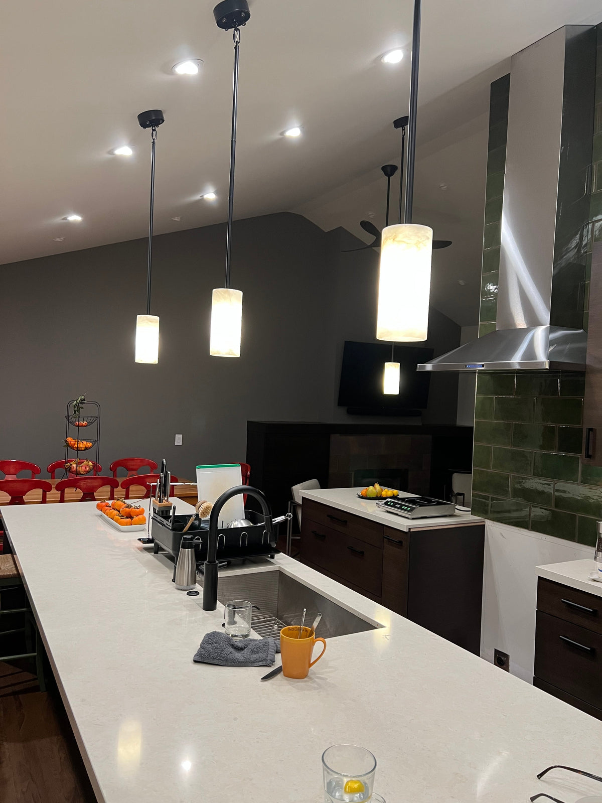 Alabaster Cylinder Pendant Lamp Modern with Natural Stone Shade and Adjustable Height