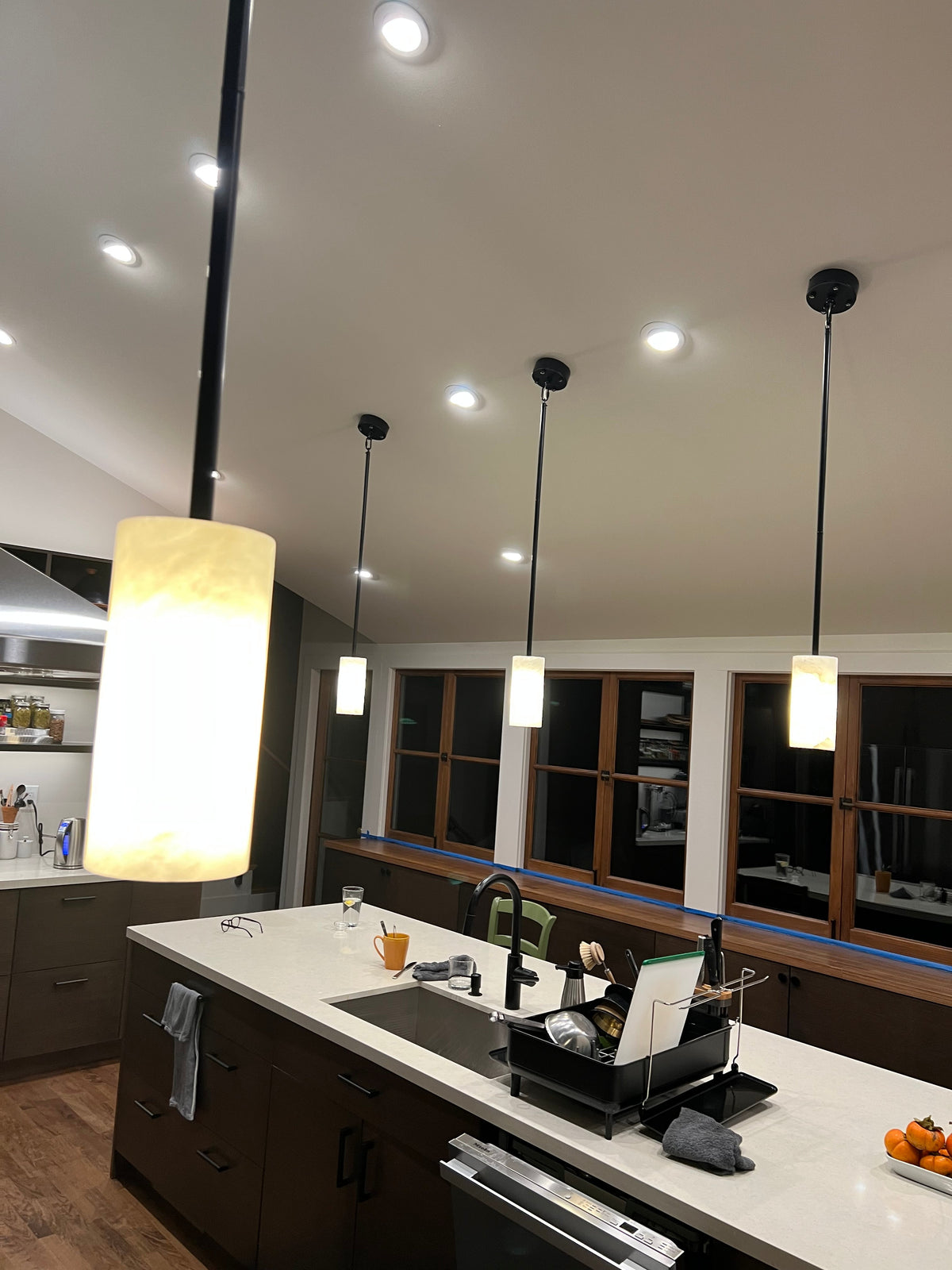 Alabaster Cylinder Pendant Lamp Modern with Natural Stone Shade and Adjustable Height