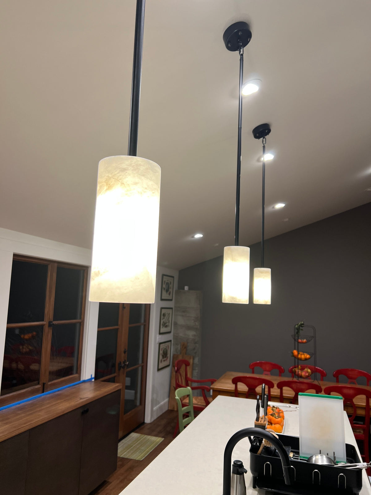 Alabaster Cylinder Pendant Lamp Modern with Natural Stone Shade and Adjustable Height