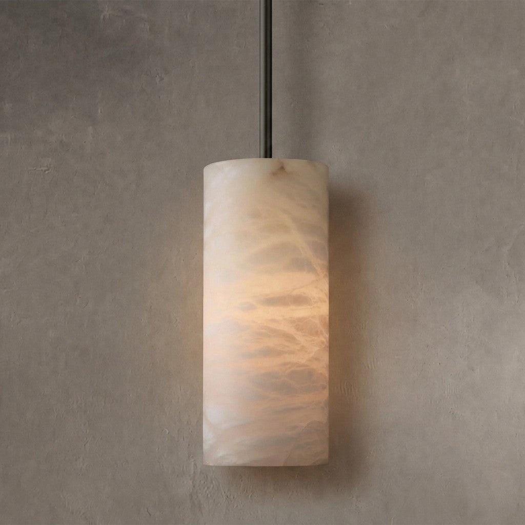 Alabaster Cylinder Pendant Lamp Modern with Natural Stone Shade and Adjustable Height