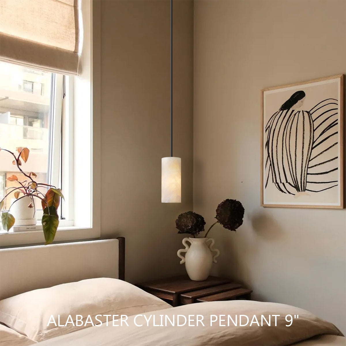 Alabaster Cylinder Pendant Lamp Modern with Natural Stone Shade and Adjustable Height