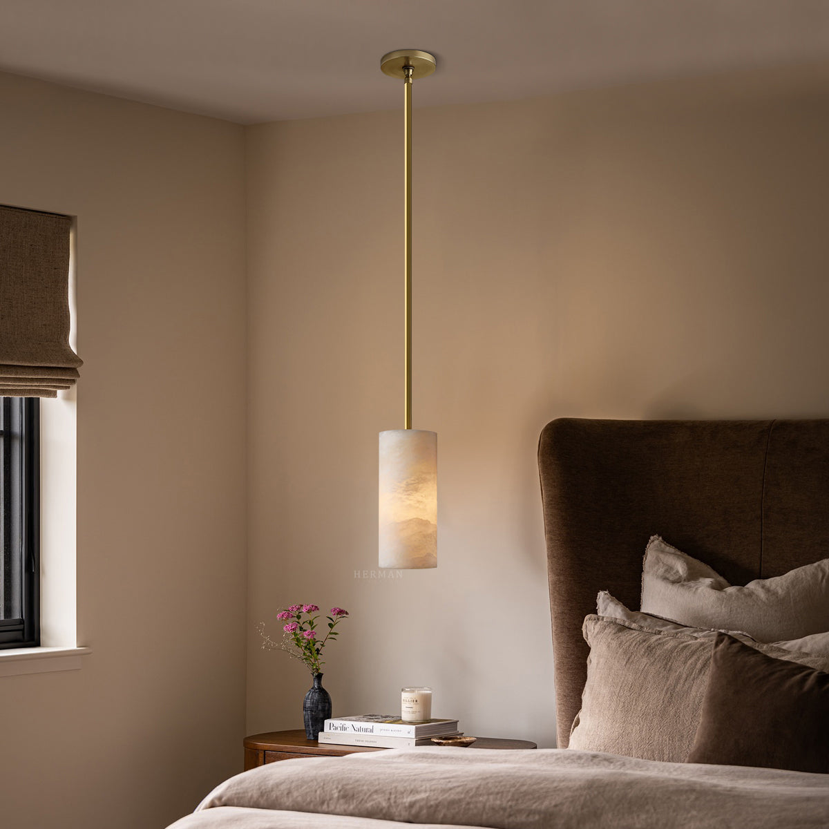 Alabaster Cylinder Pendant Lamp Modern with Natural Stone Shade and Adjustable Height