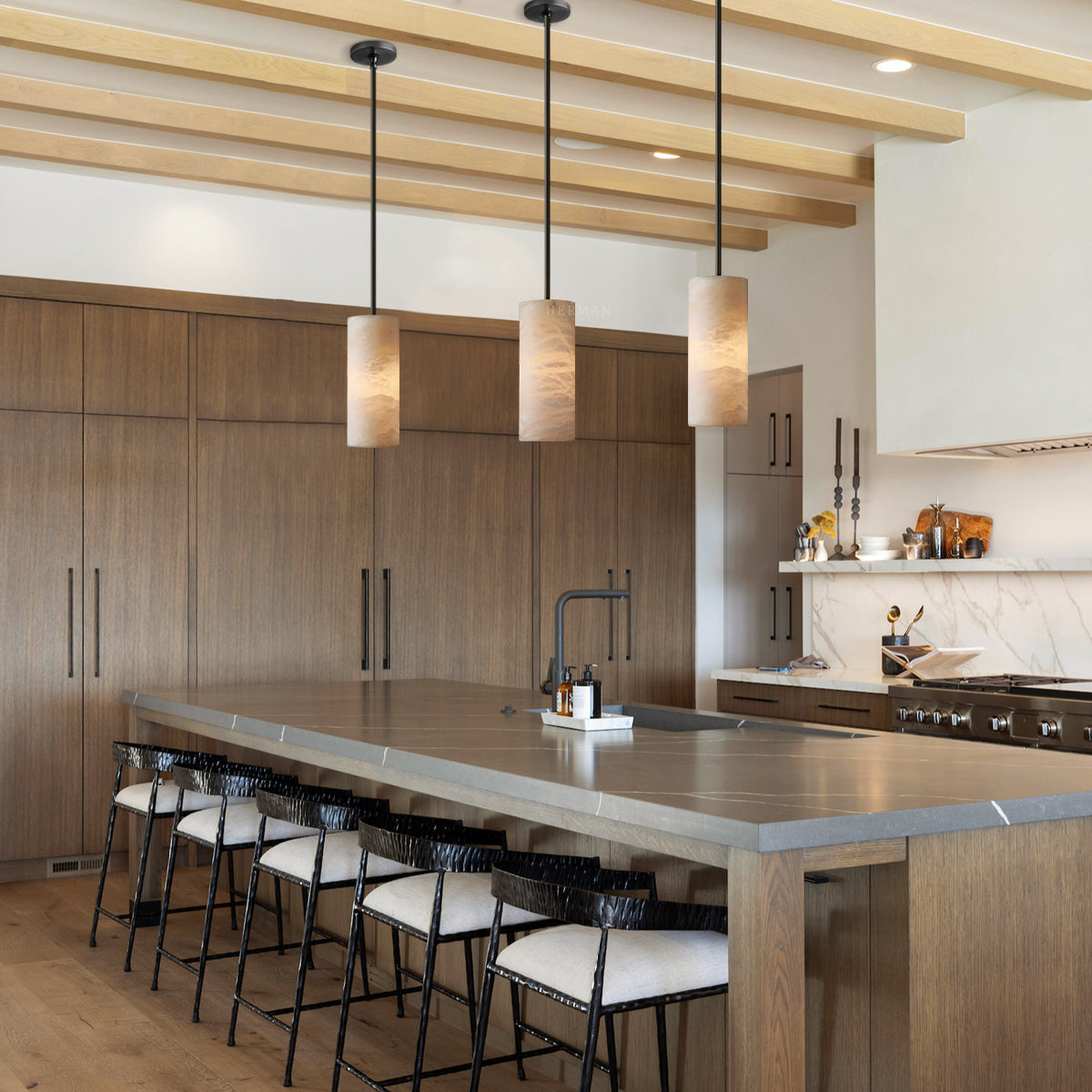 Alabaster Cylinder Pendant Lamp Modern with Natural Stone Shade and Adjustable Height