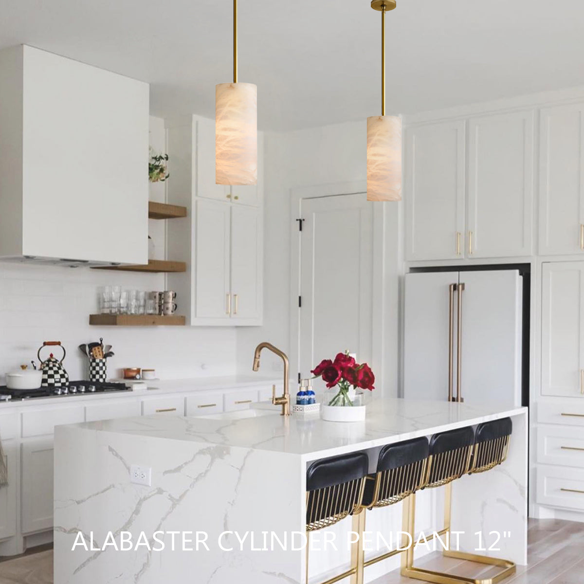 Alabaster Cylinder Pendant Lamp Modern with Natural Stone Shade and Adjustable Height