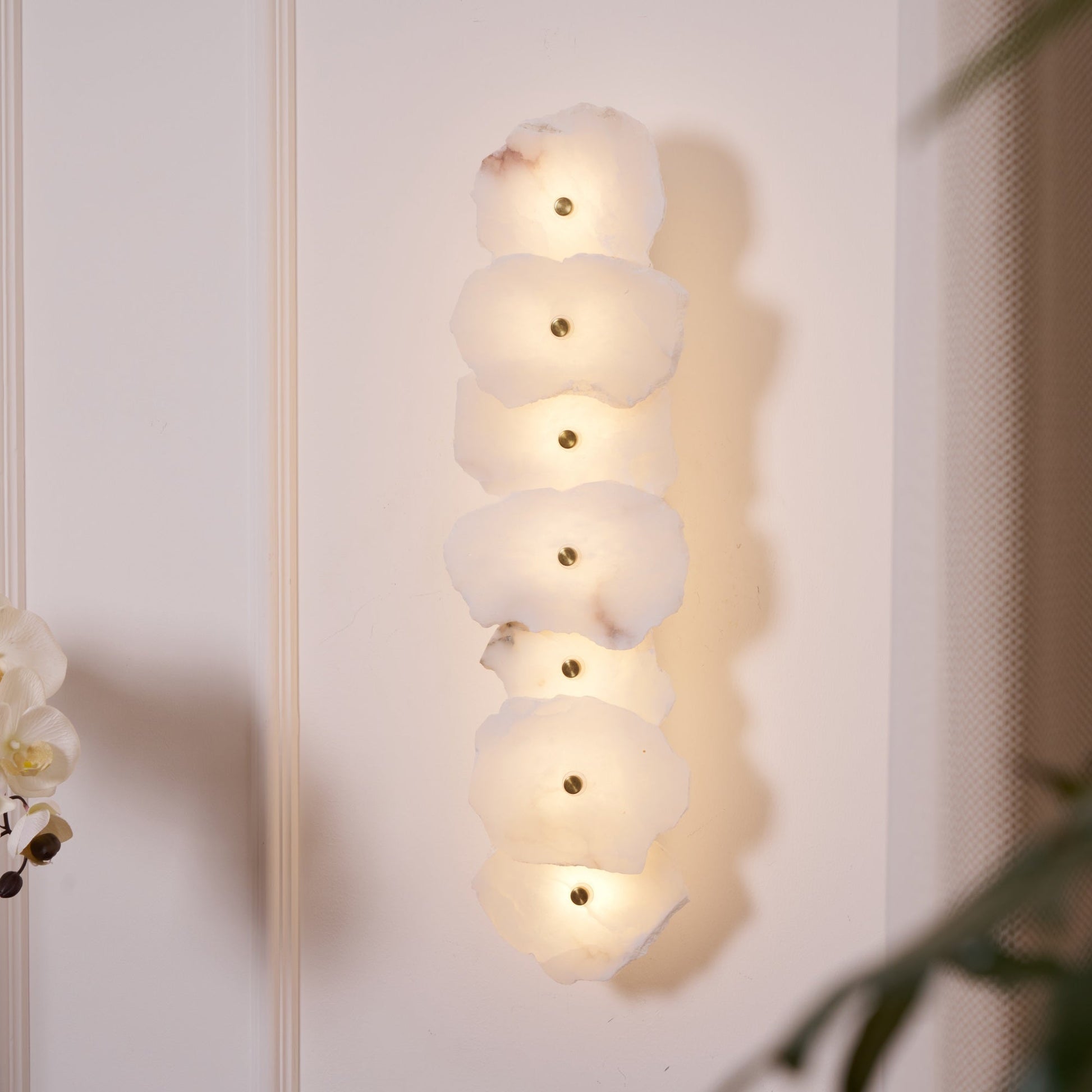 Alabaster Wall Lamp Art Deco with Stacked Flower Panels and Warm LED Light
