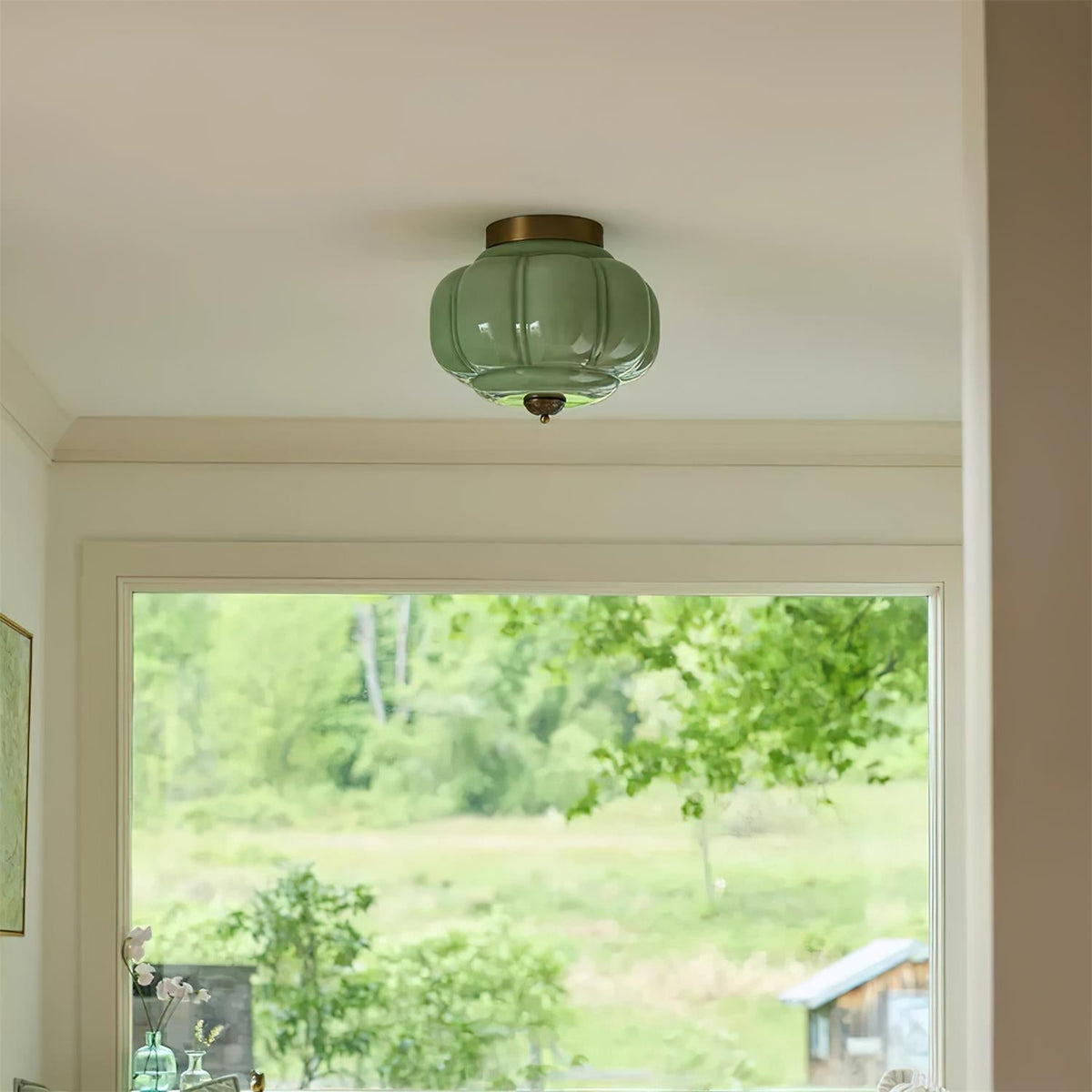 Art Deco Ceiling Lamp with Ribbed Glass Shade and Ornate Canopy