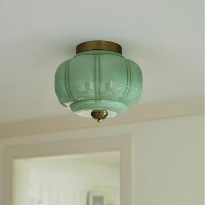 Art Deco Ceiling Lamp with Ribbed Glass Shade and Ornate Canopy