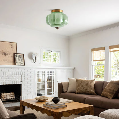 Art Deco Ceiling Lamp with Ribbed Glass Shade and Ornate Canopy